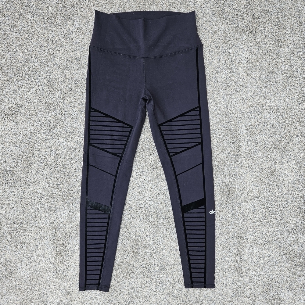 Alo Yoga High Waisted Flocked Moto Leggings Black Stretch Yoga Pants Size Medium